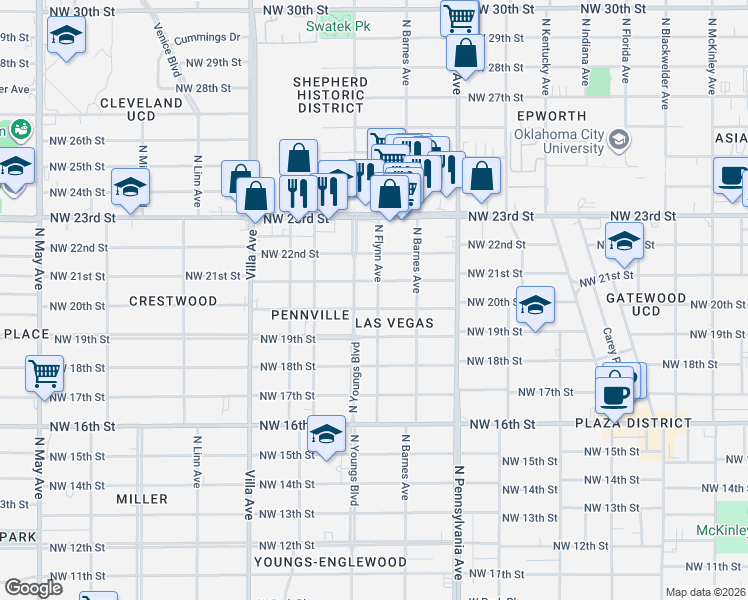 map of restaurants, bars, coffee shops, grocery stores, and more near 2230 Northwest 20th Street in Oklahoma City