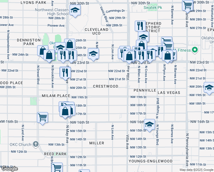 map of restaurants, bars, coffee shops, grocery stores, and more near 2708 Northwest 20th Street in Oklahoma City