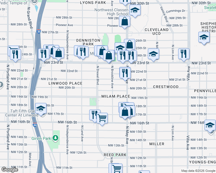 map of restaurants, bars, coffee shops, grocery stores, and more near 3019 Northwest 20th Street in Oklahoma City