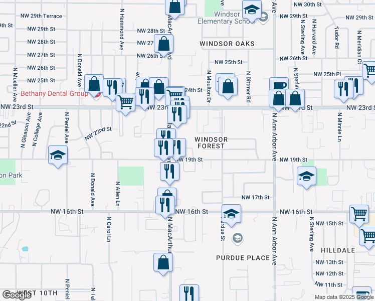 map of restaurants, bars, coffee shops, grocery stores, and more near 5745 Northwest 19th Street in Oklahoma City