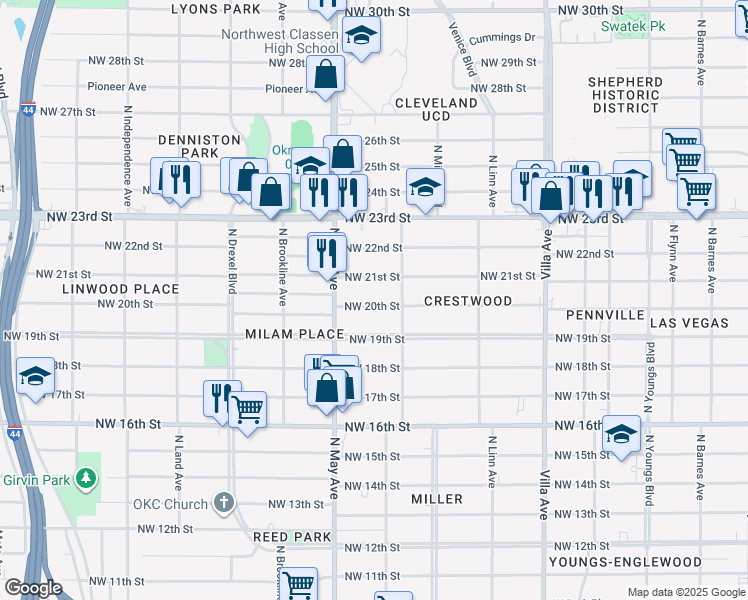 map of restaurants, bars, coffee shops, grocery stores, and more near 2827 Northwest 20th Street in Oklahoma City