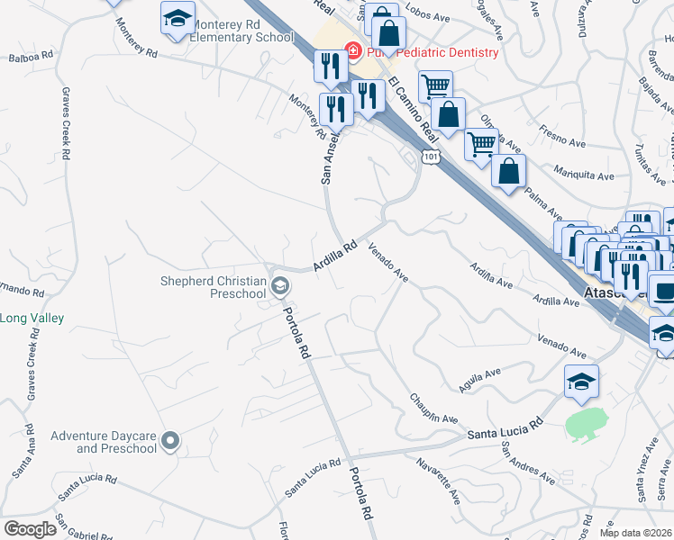 map of restaurants, bars, coffee shops, grocery stores, and more near 3870 Ardilla Road in Atascadero