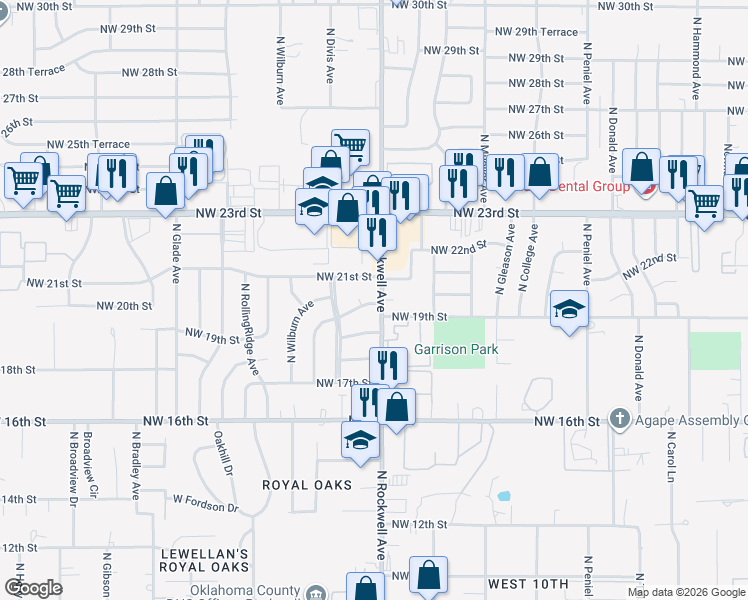 map of restaurants, bars, coffee shops, grocery stores, and more near 2000 North Rockwell Avenue in Bethany