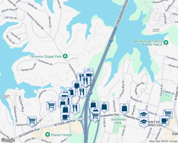 map of restaurants, bars, coffee shops, grocery stores, and more near 21022 Burlington Way in Cornelius