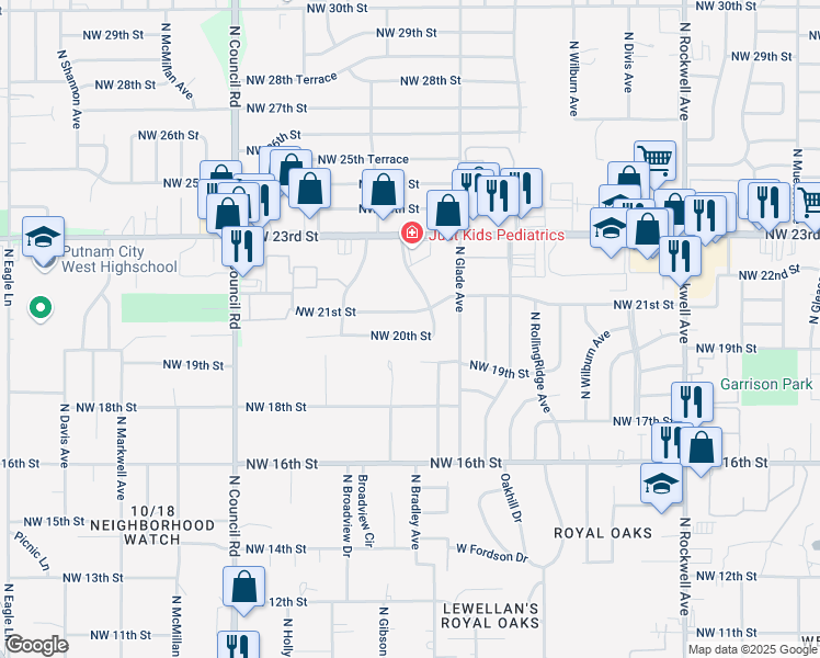 map of restaurants, bars, coffee shops, grocery stores, and more near 7608 Northwest 20th Street in Bethany