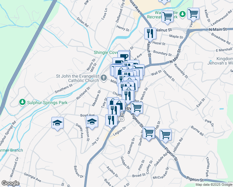 map of restaurants, bars, coffee shops, grocery stores, and more near 114 Church Street in Waynesville