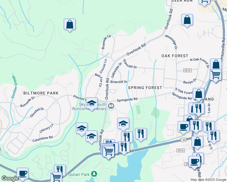 map of restaurants, bars, coffee shops, grocery stores, and more near 133 Cedar Forest Trail in Asheville
