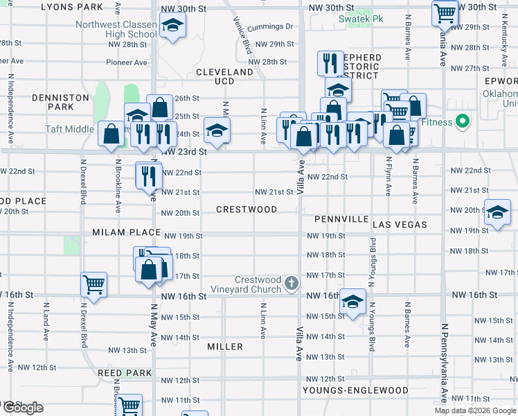 map of restaurants, bars, coffee shops, grocery stores, and more near 2538 Northwest 20th Street in Oklahoma City
