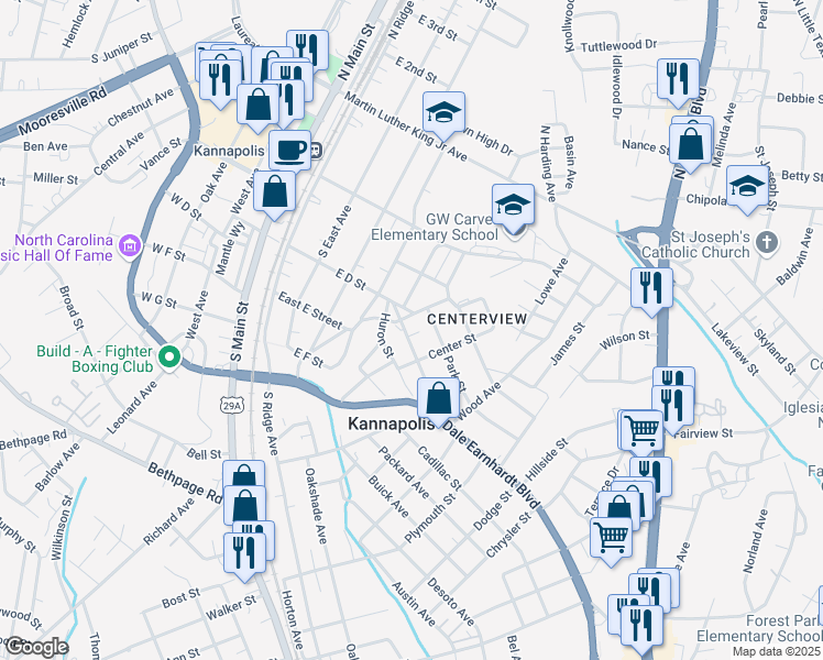 map of restaurants, bars, coffee shops, grocery stores, and more near 235 Front Street in Kannapolis
