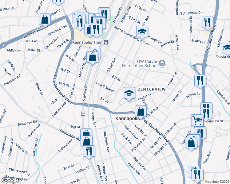 map of restaurants, bars, coffee shops, grocery stores, and more near 507 East E Street in Kannapolis