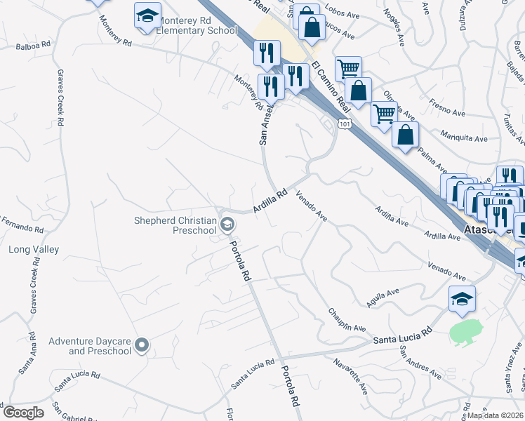 map of restaurants, bars, coffee shops, grocery stores, and more near 3860 Ardilla Road in Atascadero