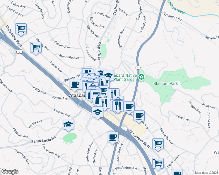 map of restaurants, bars, coffee shops, grocery stores, and more near 6501 Lewis Avenue in Atascadero