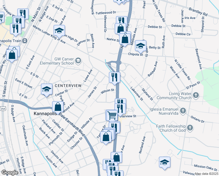 map of restaurants, bars, coffee shops, grocery stores, and more near 666 Wilson Street in Kannapolis
