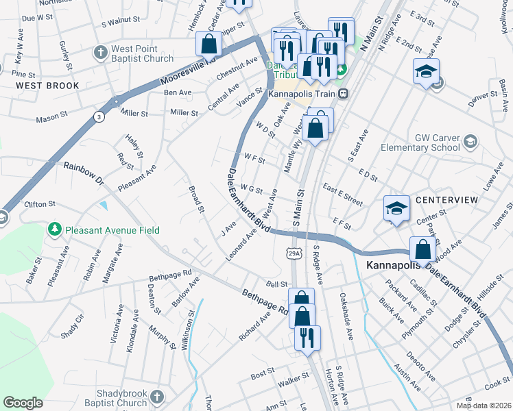 map of restaurants, bars, coffee shops, grocery stores, and more near 723 Dale Earnhardt Boulevard in Kannapolis