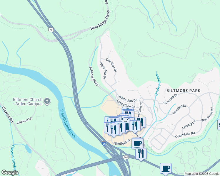 map of restaurants, bars, coffee shops, grocery stores, and more near 12 White Ash Drive in Asheville