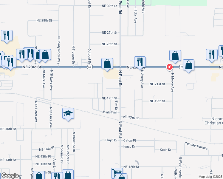map of restaurants, bars, coffee shops, grocery stores, and more near 2121 North Post Road in Oklahoma City