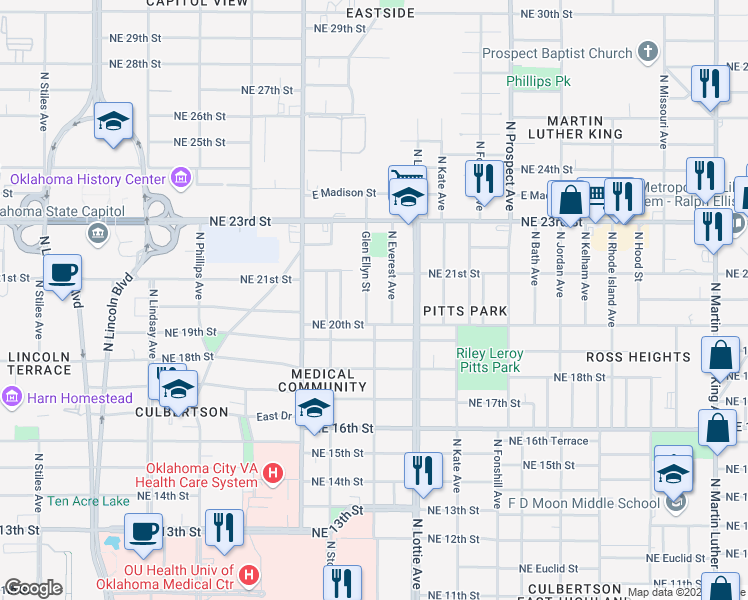 map of restaurants, bars, coffee shops, grocery stores, and more near 2111 North Everest Avenue in Oklahoma City