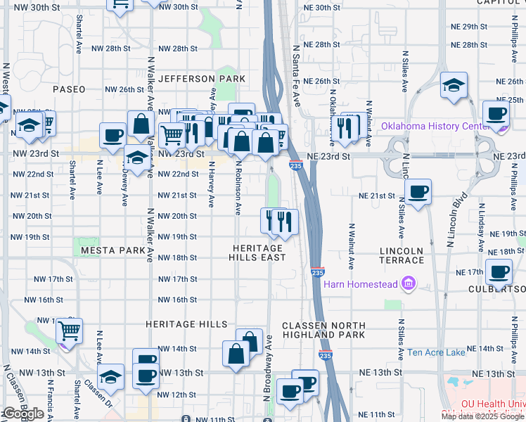 map of restaurants, bars, coffee shops, grocery stores, and more near 2016 North Broadway Avenue in Oklahoma City