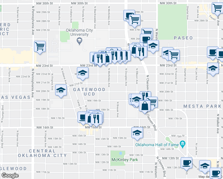 map of restaurants, bars, coffee shops, grocery stores, and more near 1512 Northwest 20th Street in Oklahoma City