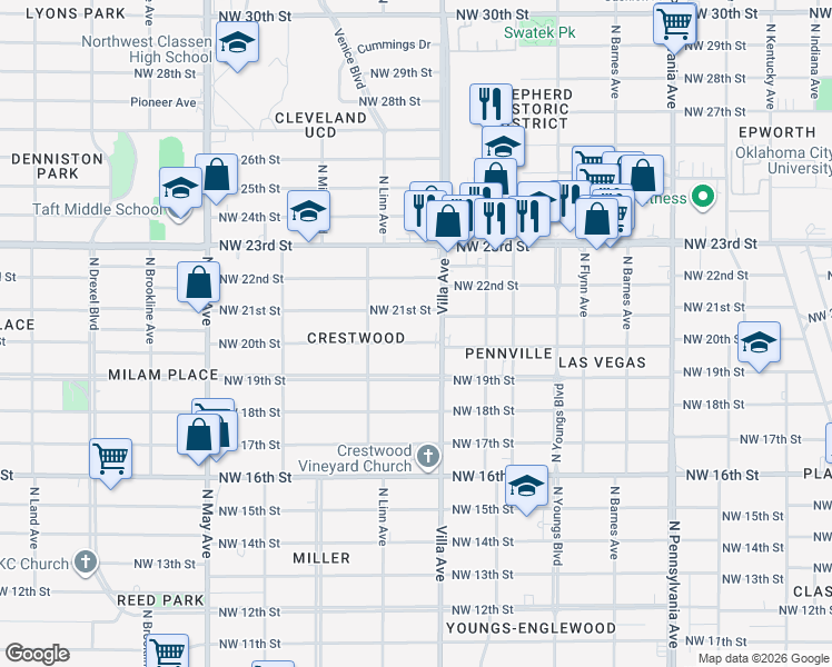 map of restaurants, bars, coffee shops, grocery stores, and more near 2500 Northwest 20th Street in Oklahoma City