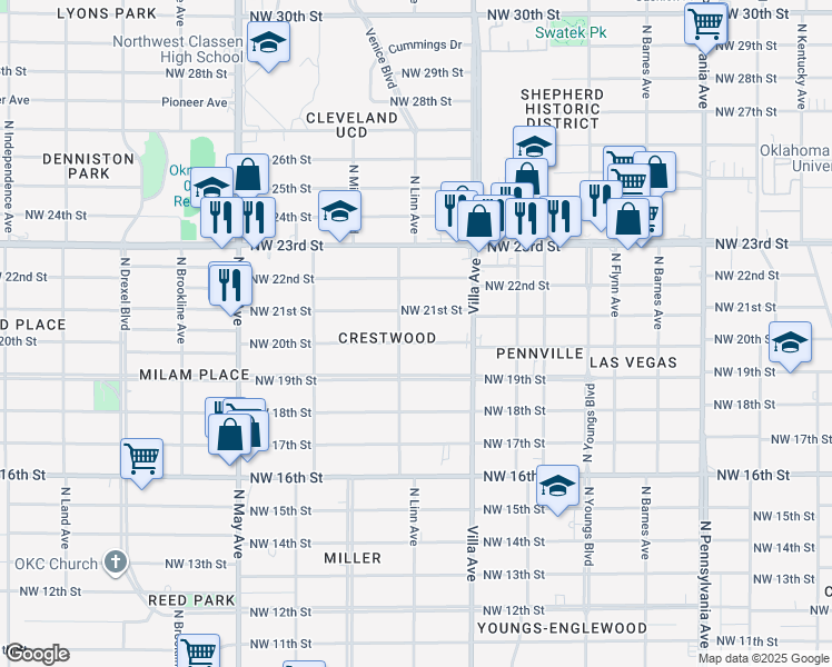 map of restaurants, bars, coffee shops, grocery stores, and more near 2538 Northwest 20th Street in Oklahoma City