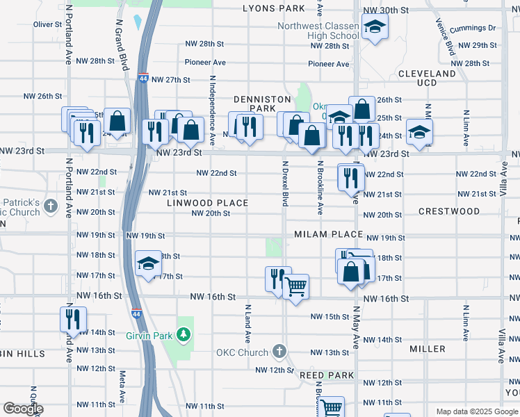 map of restaurants, bars, coffee shops, grocery stores, and more near 3140 Northwest 20th Street in Oklahoma City