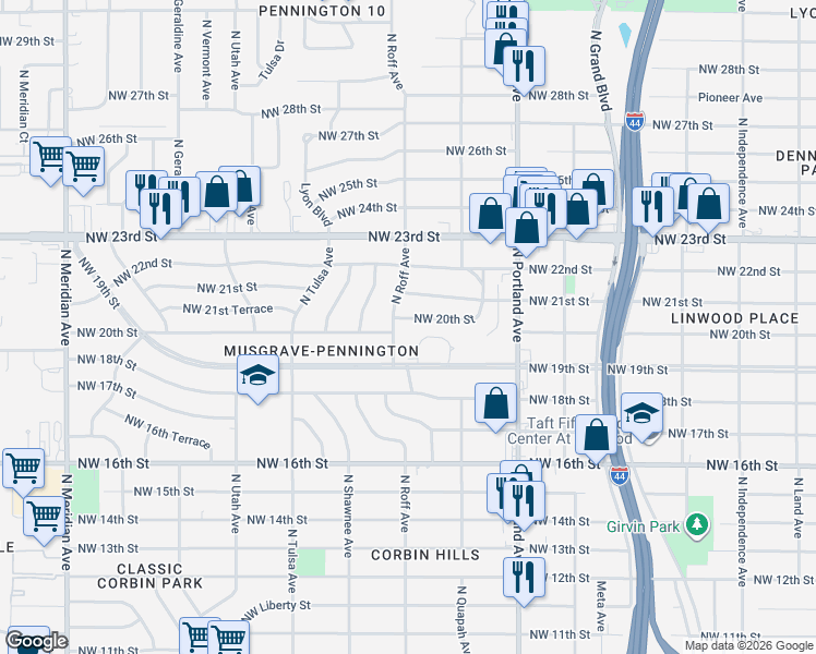 map of restaurants, bars, coffee shops, grocery stores, and more near 3801 Northwest 19th Street in Oklahoma City