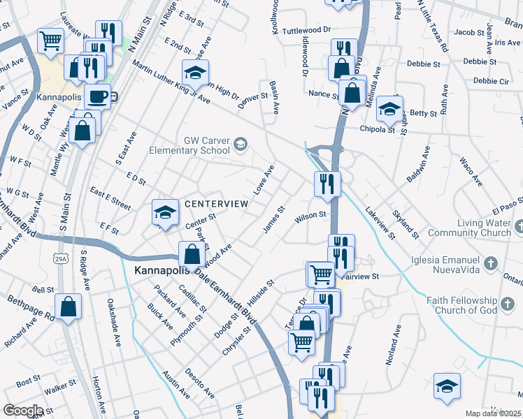 map of restaurants, bars, coffee shops, grocery stores, and more near 316 Wood Avenue in Kannapolis