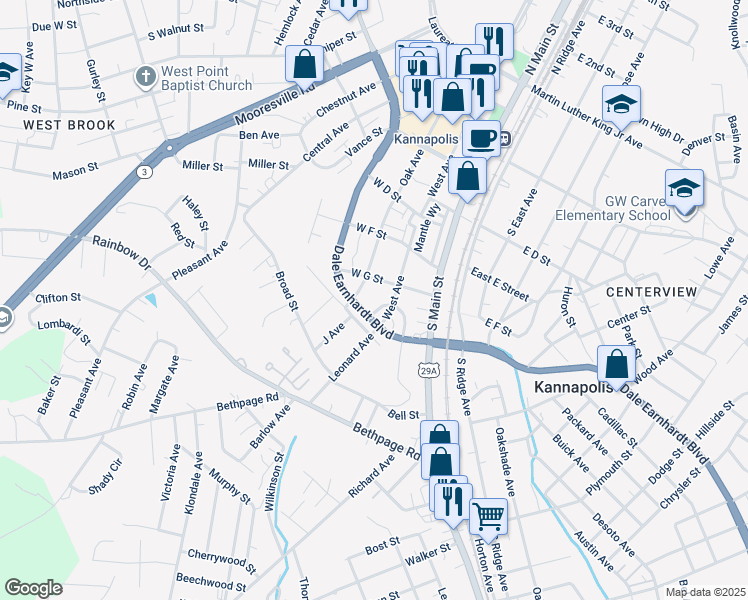 map of restaurants, bars, coffee shops, grocery stores, and more near 723 Dale Earnhardt Boulevard in Kannapolis
