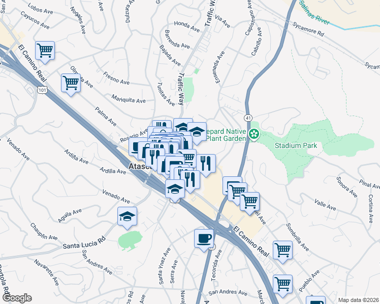 map of restaurants, bars, coffee shops, grocery stores, and more near 6501 Lewis Avenue in Atascadero