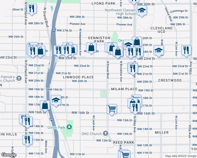 map of restaurants, bars, coffee shops, grocery stores, and more near 3140 Northwest 20th Street in Oklahoma City