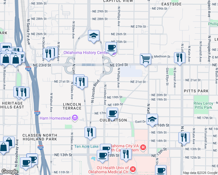 map of restaurants, bars, coffee shops, grocery stores, and more near 716 Northeast 20th Street in Oklahoma City