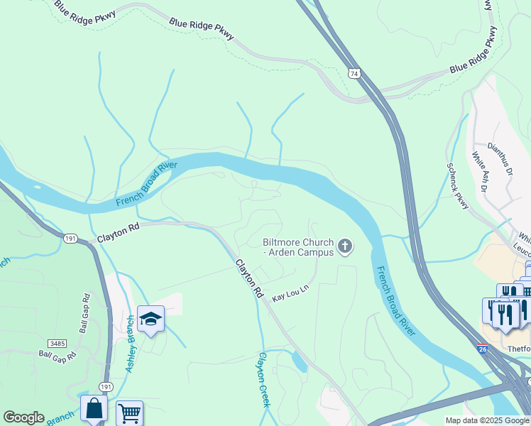 map of restaurants, bars, coffee shops, grocery stores, and more near 224 Rivercrest Boulevard in Arden