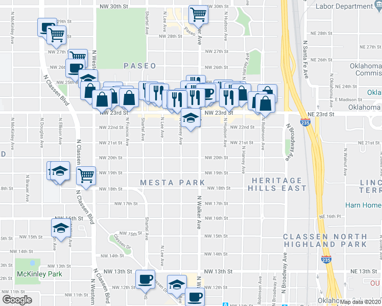 map of restaurants, bars, coffee shops, grocery stores, and more near 2000-2098 North Dewey Avenue in Oklahoma City