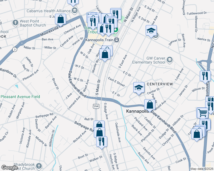 map of restaurants, bars, coffee shops, grocery stores, and more near 413 South Ridge Avenue in Kannapolis