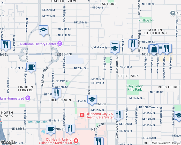 map of restaurants, bars, coffee shops, grocery stores, and more near 2110 North Kelley Avenue in Oklahoma City