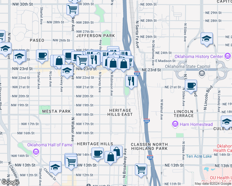 map of restaurants, bars, coffee shops, grocery stores, and more near 122 Northwest 20th Street in Oklahoma City