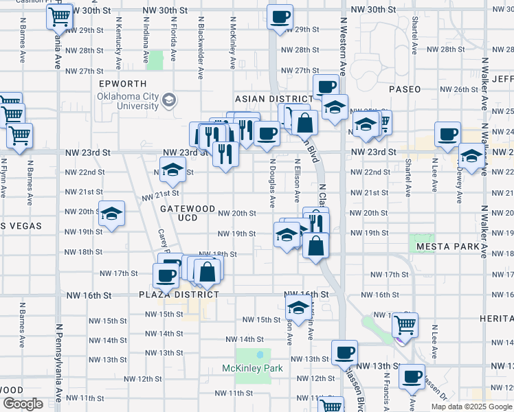 map of restaurants, bars, coffee shops, grocery stores, and more near 1512 Northwest 20th Street in Oklahoma City