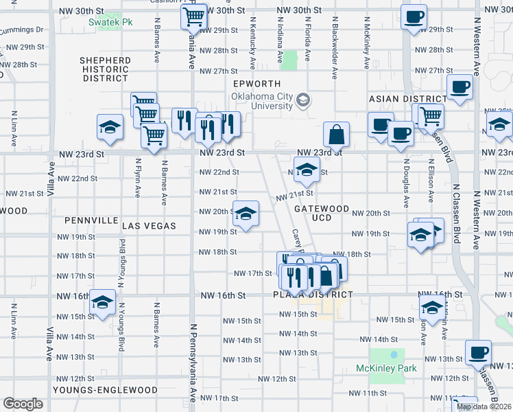map of restaurants, bars, coffee shops, grocery stores, and more near 1920 Northwest 20th Street in Oklahoma City