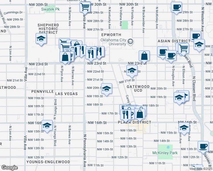 map of restaurants, bars, coffee shops, grocery stores, and more near 1952 Northwest 20th Street in Oklahoma City