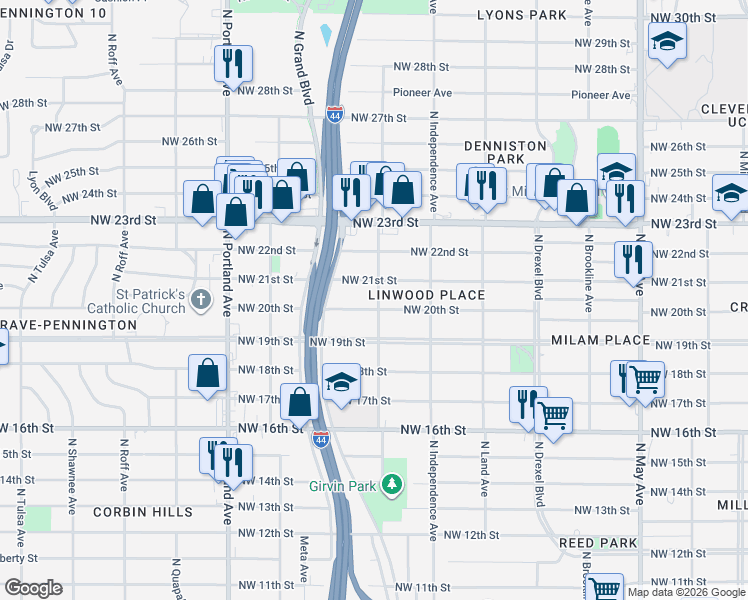 map of restaurants, bars, coffee shops, grocery stores, and more near 3336 Northwest 20th Street in Oklahoma City