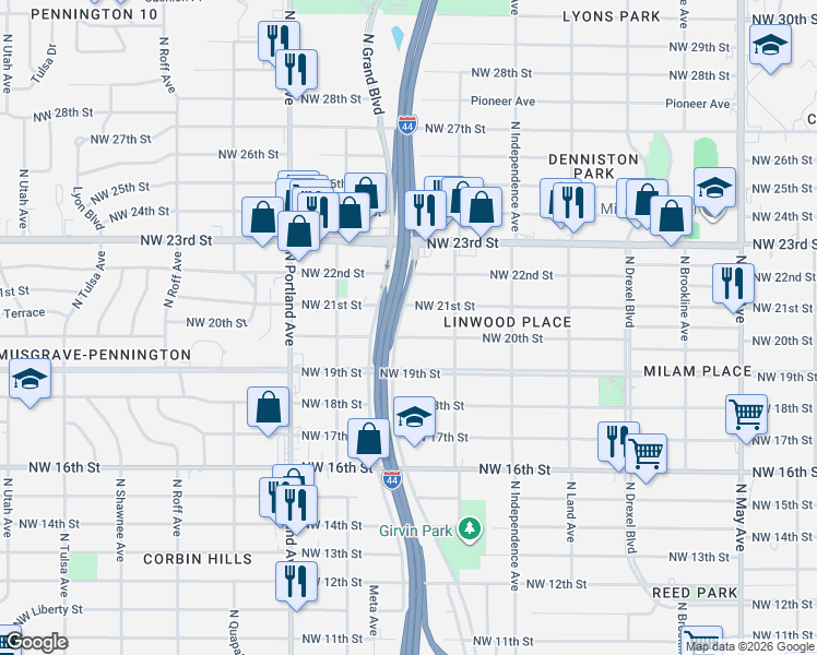 map of restaurants, bars, coffee shops, grocery stores, and more near 3420 Northwest 20th Street in Oklahoma City