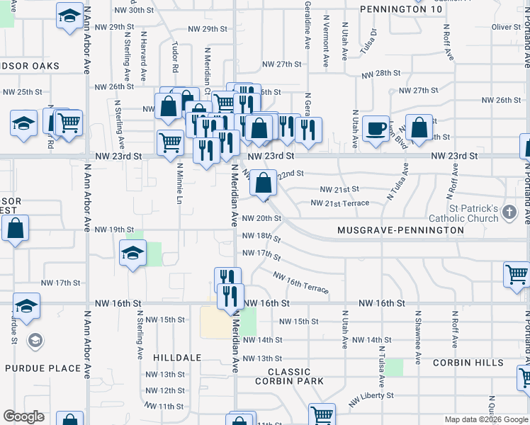 map of restaurants, bars, coffee shops, grocery stores, and more near 4410 Northwest 20th Street in Oklahoma City