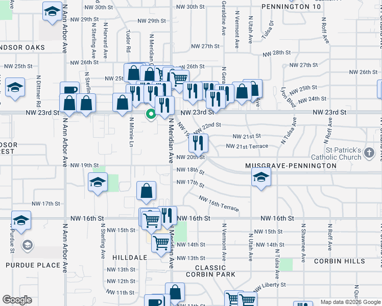 map of restaurants, bars, coffee shops, grocery stores, and more near 4410 Northwest 20th Street in Oklahoma City