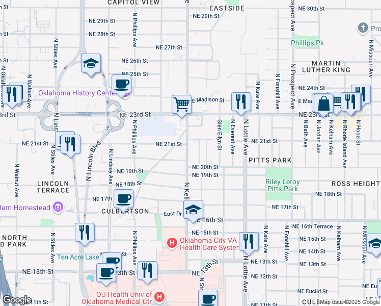 map of restaurants, bars, coffee shops, grocery stores, and more near 2110 North Kelley Avenue in Oklahoma City