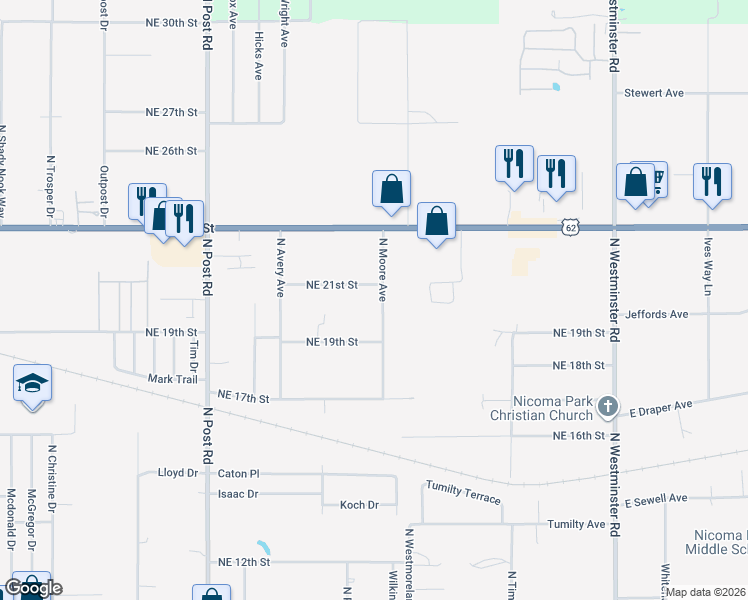 map of restaurants, bars, coffee shops, grocery stores, and more near 10428 Northeast 21st Street in Oklahoma City