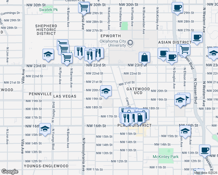 map of restaurants, bars, coffee shops, grocery stores, and more near 1920 Northwest 20th Street in Oklahoma City
