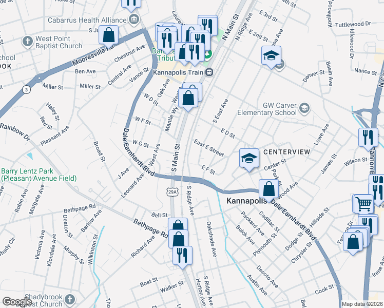 map of restaurants, bars, coffee shops, grocery stores, and more near 413 South Ridge Avenue in Kannapolis