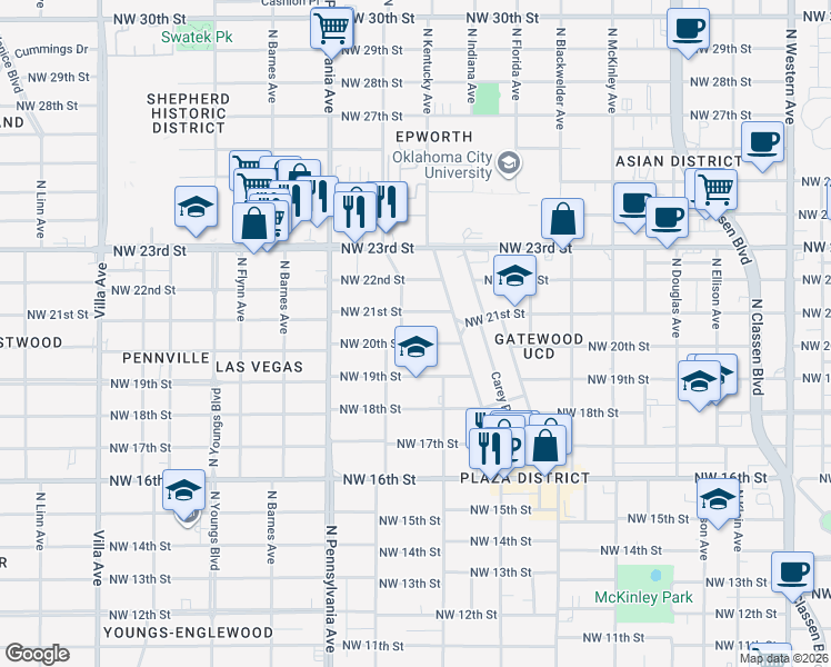 map of restaurants, bars, coffee shops, grocery stores, and more near 1952 Northwest 20th Street in Oklahoma City