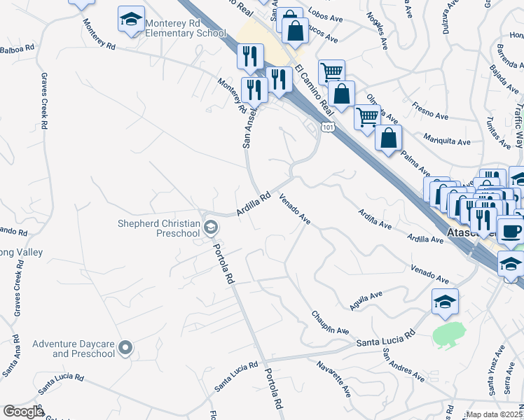 map of restaurants, bars, coffee shops, grocery stores, and more near 3880 Ardilla Road in Atascadero
